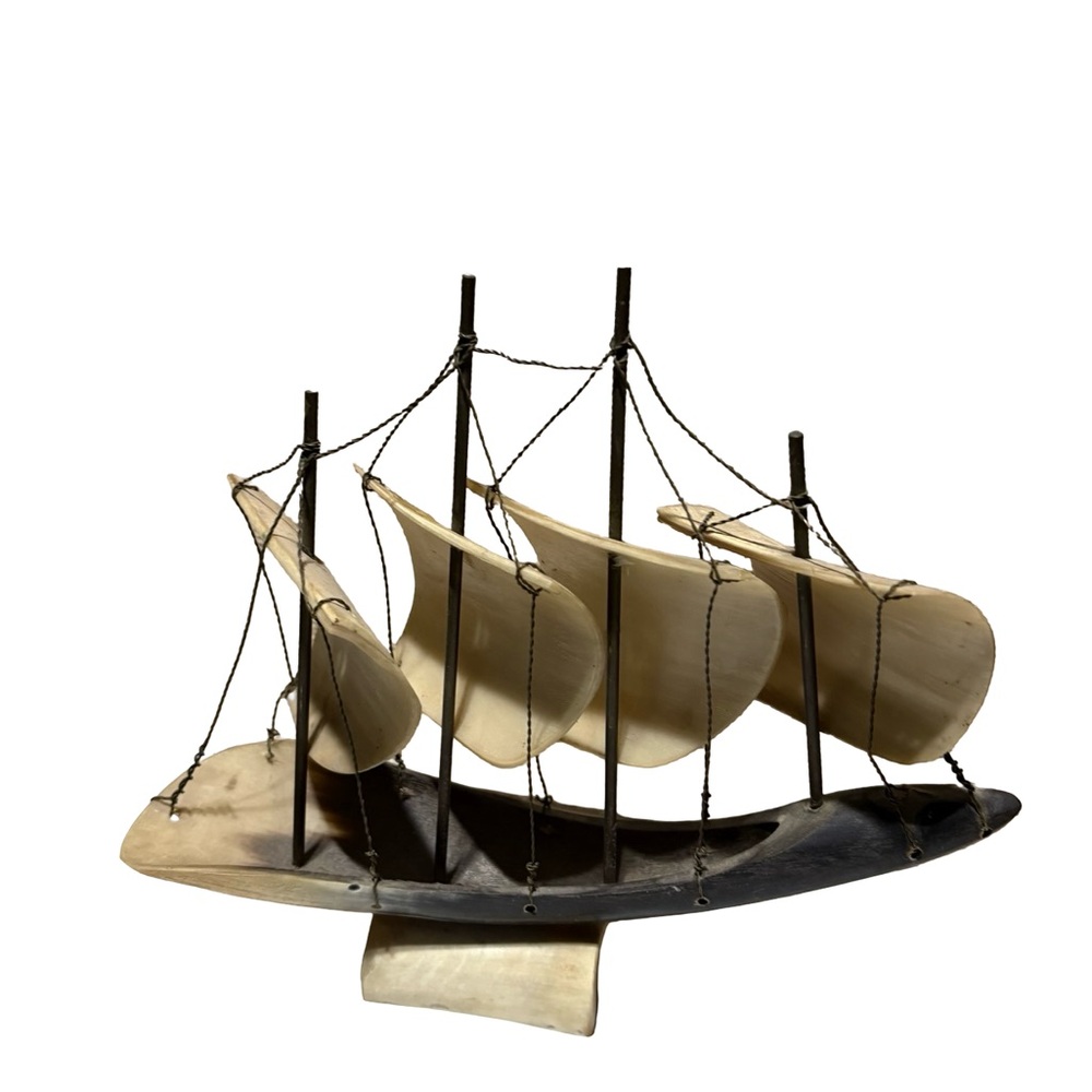 Vintage Handcrafted Horn Sailboat Sculpture Folk Art Maritime Decor